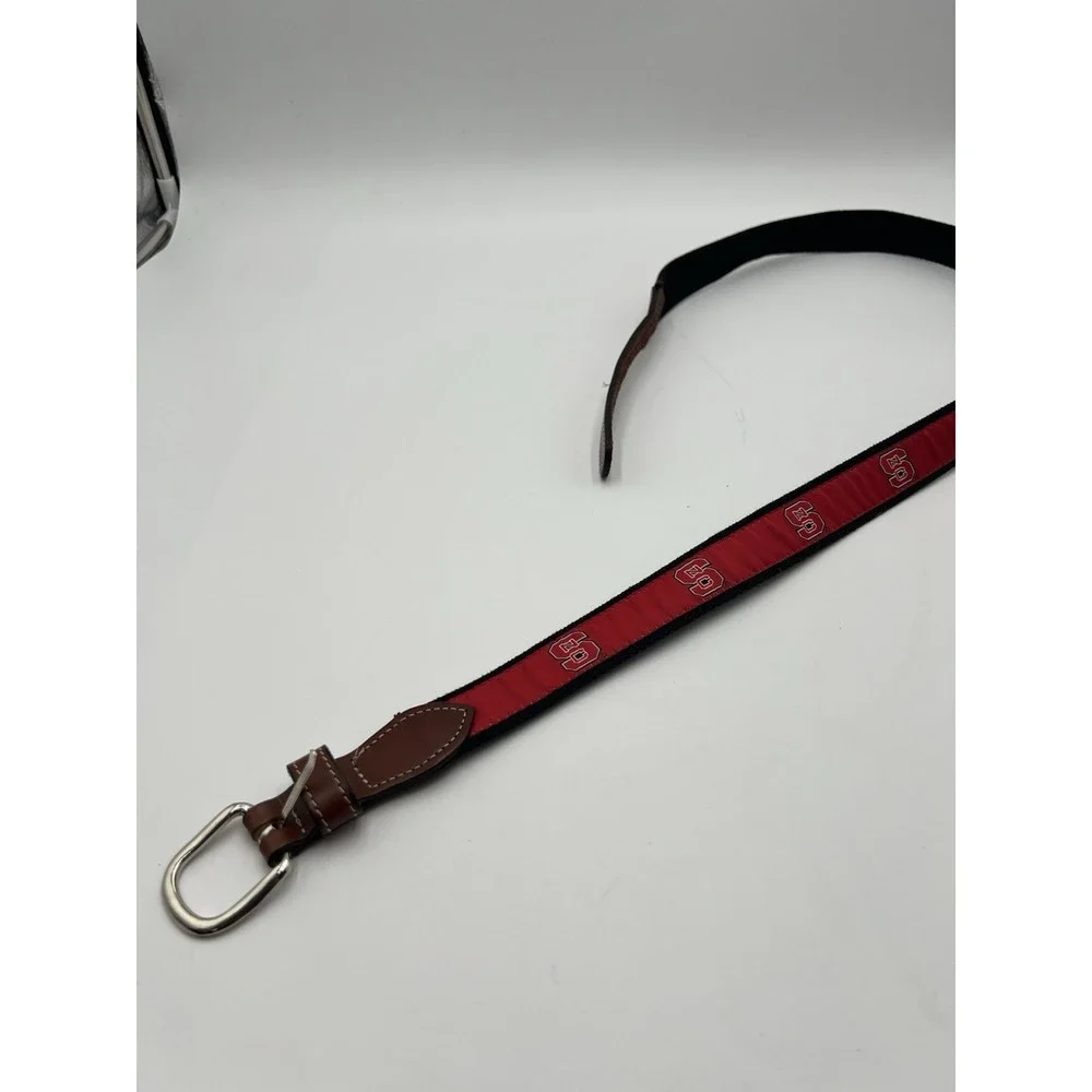 NC State Wolfpack Belt Sz 42 Red Ribbon Leather Tab NCAA Preppy
